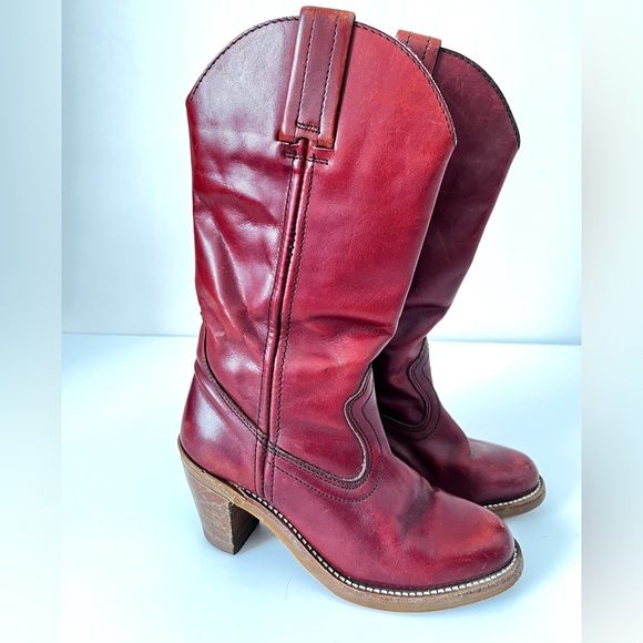 Dexter Shoes - Vintage 70s Dexter Oxblood Red Leather Western Cowboy Boots Women Size 5.5